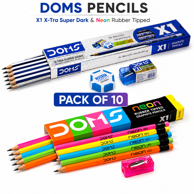 DOMS Graphite Pencils Pack of 10  X1 X-Tra Super Dark & Neon Rubber Tipped | Smooth Writing Drawing School Pencils