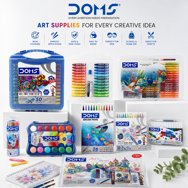 DOMS Art Supplies for Kids Oil Pastels, Crayons, Watercolour Cakes, Brush Pens, Pastel & Aqua Sketch Pens, Art Strokes Gifting Kit | Drawing, Colouring, Painting & School Crafts – Multiple Options