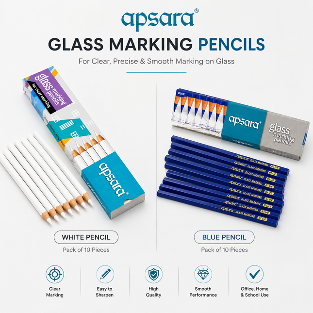Apsara Glass Marking Pencils Pack of 10 White OR Blue Marking for Glass, Metal, Leather & Smooth Surfaces ,Clear Smooth & Precise Marking