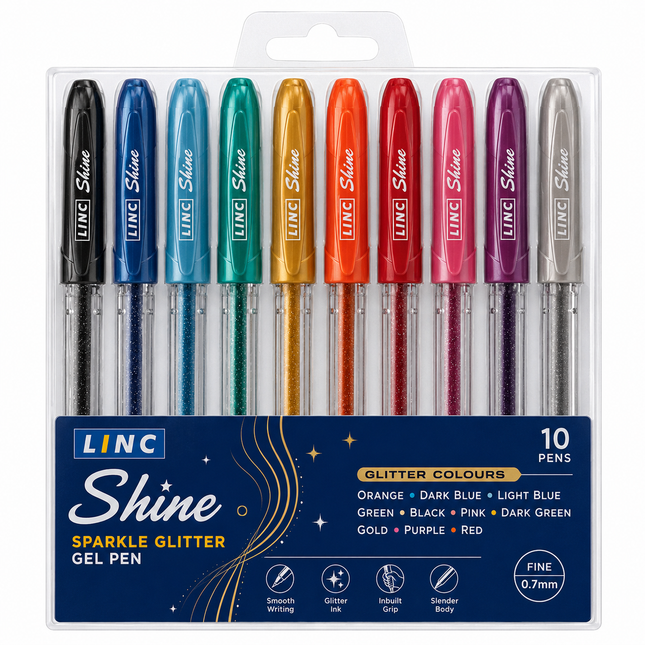 Linc Shine Sparkle Glitter Gel Pens Pack of 10 Assorted Colour Fine Point Pens for Writing, Drawing, Scrapbooking, Cards, Art & Craft
