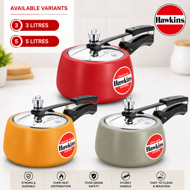 Hawkins Contura Ceramic Pressure Cooker 3L 5L Inner Lid Cooker Apple Green Yellow Red