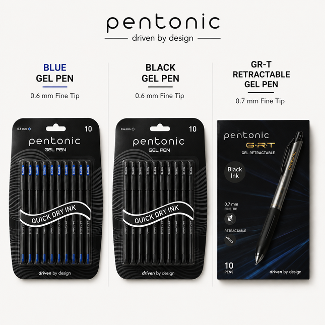 Pentonic Gel Pens 0.6mm & 0.7mm Fine Tip Smooth Writing Pens Pack of 10 for School Office Home Study Notes Journaling Drawing Writing Supplies