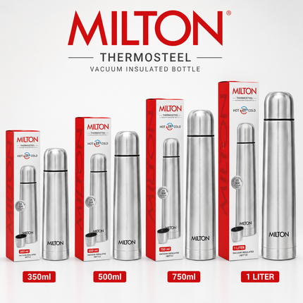 MILTON Thermosteel Vacuum Flask  Insulated Hot Cold Water Bottle Various option Stainless Steel Flip Lid Leakproof BPA Free 24 Hour Travel Flask for Tea Coffee Gym Office 350ml 500ml 750ml 1L
