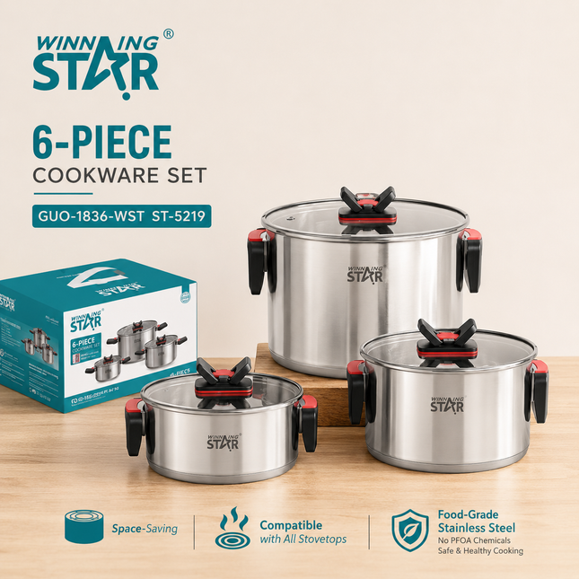 Winning Star Cookware Sets Collection | 10 Piece Cookware Set 23.5 2.3 Litre, 10 Piece Stainless Steel Cookware Set 24 6.5 Litre, 6 Piece Stainless Steel Cookware Set 24 1.4 Litre | Models ST-5219, ST-5101, ST-5215 | Pots And Pans | Cooking Pots |...
