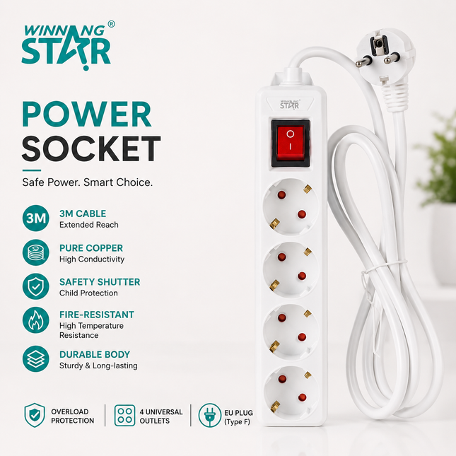 Winning Star Extension Sockets & Plug Adapters Collection | Power Socket Adapter 4 outlets 2500W 2 USB 1 Type-C 4 outlets + 2 USB + 1 Type-C, 3m cable, Power Socket Adapter 4 outlets 2500W EU Plug Silver 4 outlets, 5m cable, Power Socket Adapter...