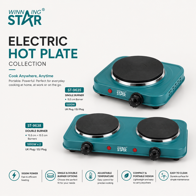 Winning Star Hot Plates Collection | Hot Plate 15.5cm 1000W EU Plug Silver 2 burners, 15.5cm + 15.5cm, Hot Plate 15.5cm 1000W UK Plug Silver 2 burners, 15.5cm + 15.5cm, Single Burner Hot Plate 15.5cm burner 1000W EU Plug Silver, Single Burner Hot...