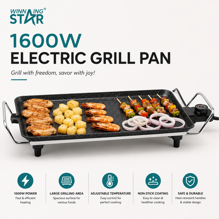 Winning Star 1600W Electric Grill Pan Non-Stick Indoor Griddle Frying Grilling Breakfast