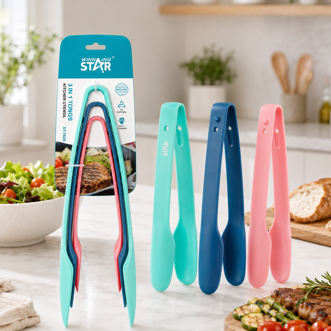 Winning Star Kitchen Tongs Collection | 3-in-1 Kitchen Tongs 4 Silver | Models ST-7626 | Food Tongs | Serving Tongs | Cooking Tool | Kitchen Accessory