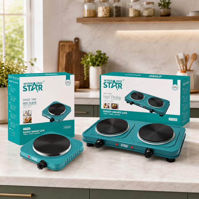 Winning Star Hot Plates Collection | Hot Plate 15.5cm 1000W EU Plug Silver 2 burners, 15.5cm + 15.5cm, Hot Plate 15.5cm 1000W UK Plug Silver 2 burners, 15.5cm + 15.5cm, Single Burner Hot Plate 15.5cm burner 1000W EU Plug Silver, Single Burner Hot...