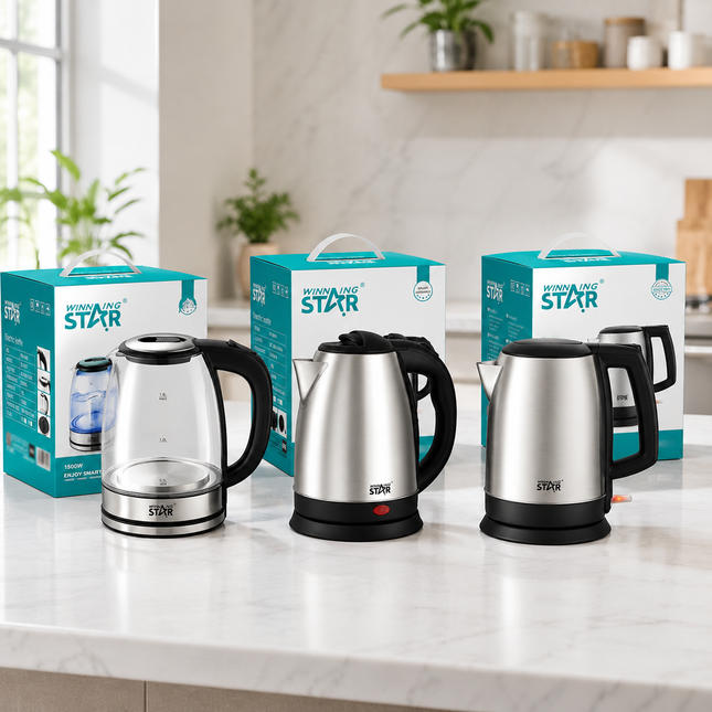 Winning Star Electric Kettles Collection | Electric Kettle 1.8L 1500W EU Plug Silver, Electric Kettle 1.8L 1500W UK Plug Silver, Glass Electric Kettle 1.8L 1500W EU Plug Silver, Glass Electric Kettle 1.8L 1500W UK Plug Silver | Models ST-6011,...
