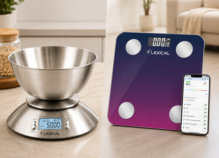 Lexical Scales Collection | Body Fat Scale With Bluetooth 3kg-180kg weight range, Kitchen Scale 1g-5000g Digital Scale | Models LBS-4372, LKS-4310 | Body Scale | Weight Scale | Accurate Weighing