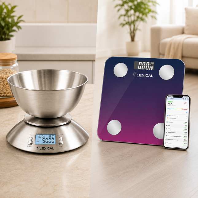 Lexical Scales Collection | Body Fat Scale With Bluetooth 3kg-180kg weight range, Kitchen Scale 1g-5000g Digital Scale | Models LBS-4372, LKS-4310 | Body Scale | Weight Scale | Accurate Weighing