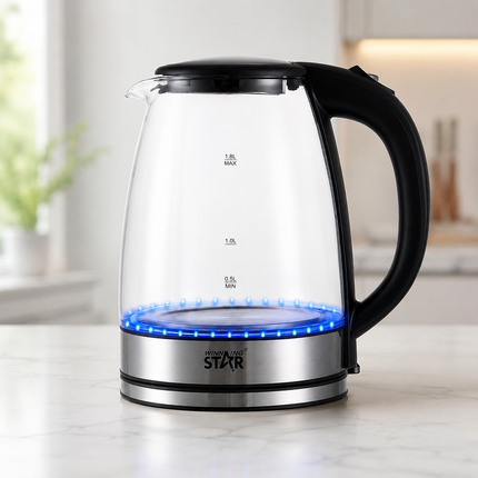Winning Star 1.8L 1500W Electric Kettle Rapid Boil Glass Stainless Steel Water Boiler Auto Shut-Off