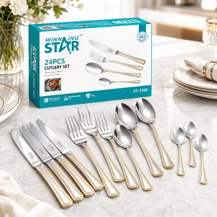 Winning Star 24-Piece Stainless Steel Cutlery Set Spoon Fork Knife Tableware