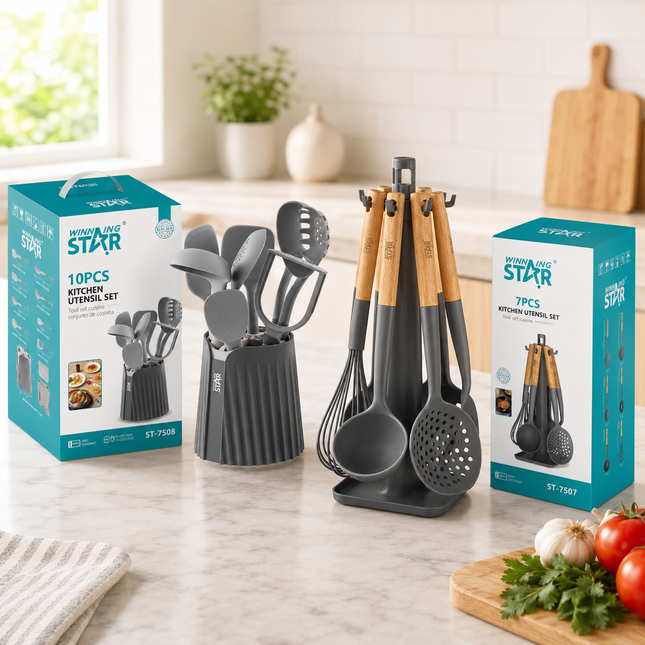 Winning Star Kitchen Utensil Sets Collection | 7-in-1 Nylon Kitchen Utensil Set 33.5 5g, 7-in-1 Silicone Kitchen Utensil Set 28.5 130g | Models ST-7508, ST-7507 | Cooking Utensils | Silicone Utensils | Nylon Utensils | Spatula Set