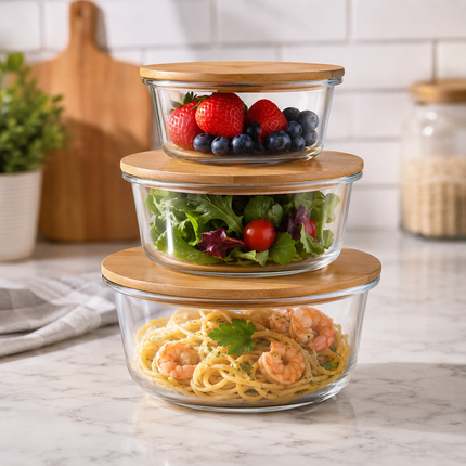 3-Piece Glass & Wooden Kitchen Set Rectangular or Round Design Stylish Serving Set