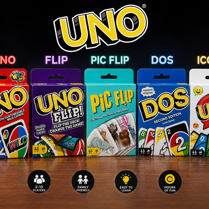 Mattel Card Games for Kids & Family – UNO + Flip, Pic Flip, DOS & ICONIC