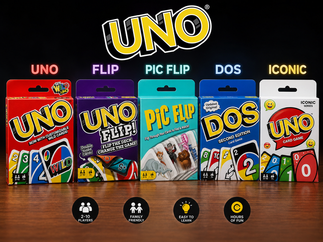 Mattel Card Games for Kids & Family – UNO + Flip, Pic Flip, DOS & ICONIC