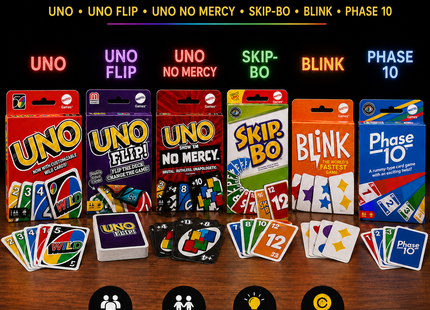 Mattel Card Games Kids Family UNO Flip No Mercy SkipBo Blink Phase 10 Gift Table Top Christmas