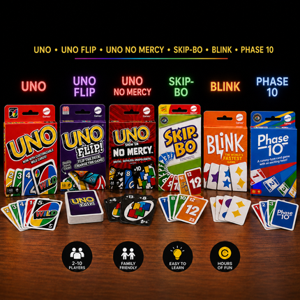 Mattel Card Games for Kids & Family – UNO, Flip, No Mercy, Skip-Bo, Blink & Phase 10 Gift