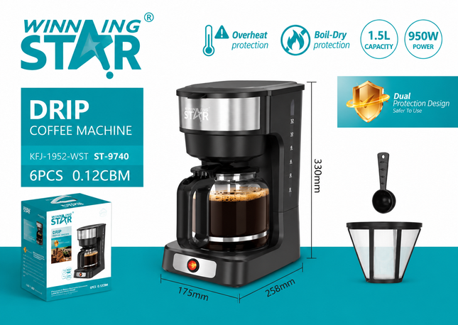 Winning Star 1.5L Drip Coffee Machine 12 Cup Coffee Maker Glass Carafe