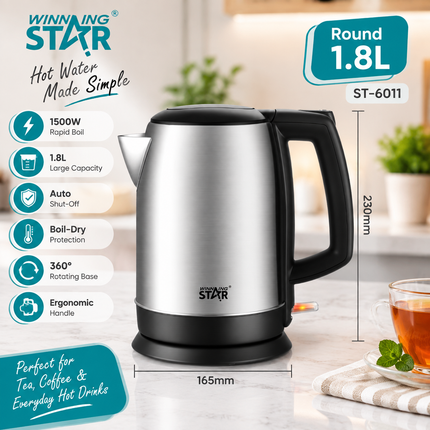 Winning Star 1.8L 1500W Electric Kettle Rapid Boil Glass Stainless Steel Water Boiler Auto Shut-Off