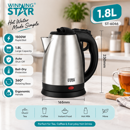 Winning Star 1.8L 1500W Electric Kettle Rapid Boil Glass Stainless Steel Water Boiler Auto Shut-Off
