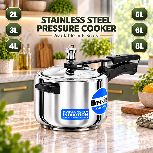 Hawkins Stainless Steel Pressure Cooker 2L 3L 4L 5L 6L Induction Gas Electric Compatible