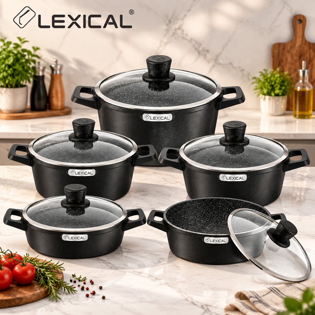 Lexical Germany 10 Piece Granite Casserole Cookware Set Lid Eco Smart Black or Imperial Forge Beige