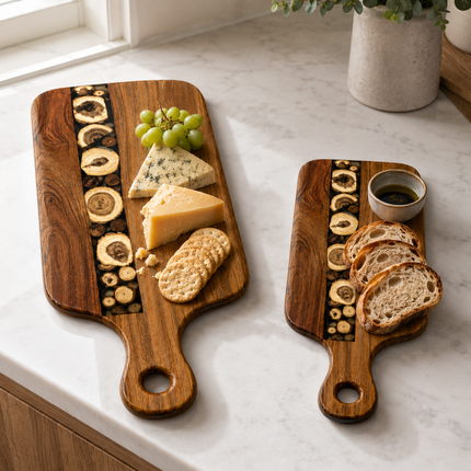 Acacia Wood Resin Serving Board Set Appetizer Platter + Knife Set Charcuterie Board Handle Cheese Dessert Handmade