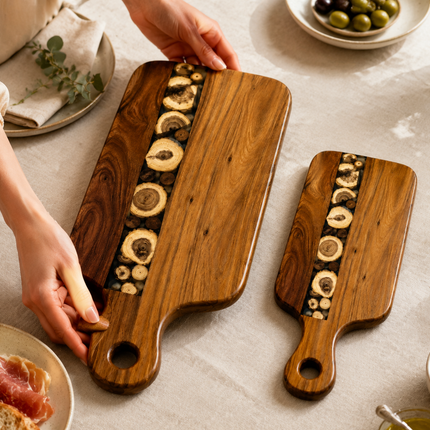 Acacia Wood Resin Serving Board Set Appetizer Platter + Knife Set Charcuterie Board Handle Cheese Dessert Handmade