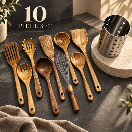 Natural Acacia Wooden Kitchen Utensils Individual or 5, 7, 8, 10 Piece Sets Cooking Slotted Spoon Flat Slotted Spatulas Salad Fork Holder