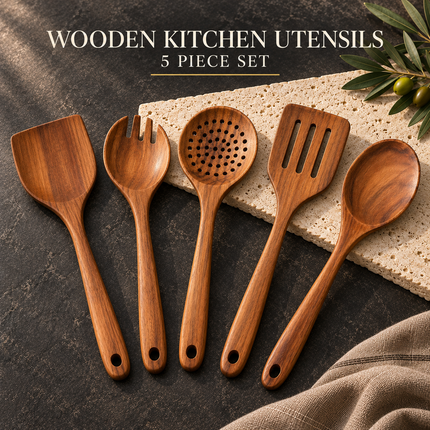 Natural Acacia Wooden Kitchen Utensils Individual or 5, 7, 8, 10 Piece Sets Cooking Slotted Spoon Flat Slotted Spatulas Salad Fork Holder