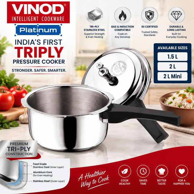 VINOD Platinum Tri-Ply Stainless Steel Outer Lid Pressure Cooker Induction Gas Compatible 1.5L 2L 2L Mini