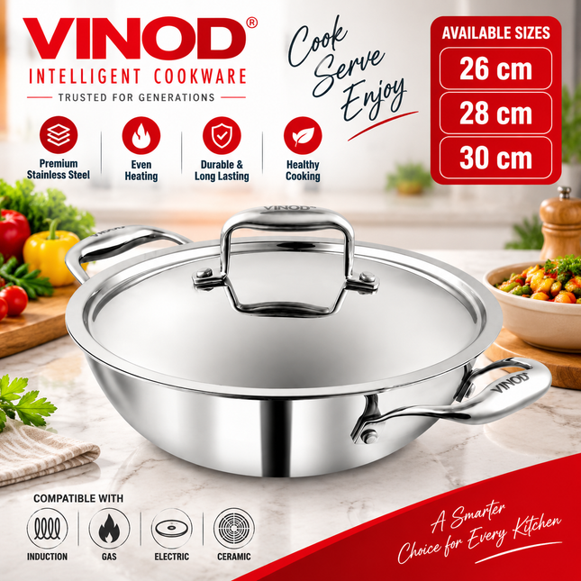 VINOD Platinum Triply Stainless Steel Deep Kadhai Kadai + Lid 26cm 28cm 30cm GAS Induction