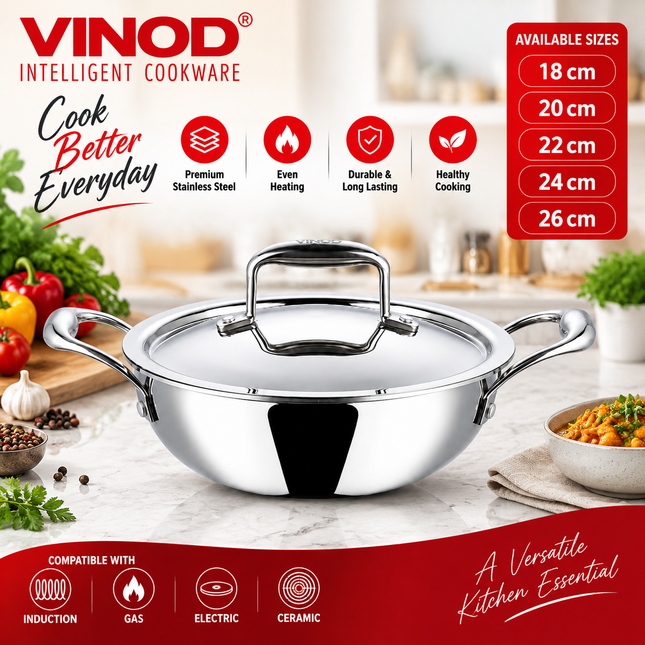 VINOD Platinum Tri-Ply Stainless Steel Kadai + Lid Kadhai 18cm 20cm 22cm 24cm 26cm Induction Gas Compatible Heavy Duty