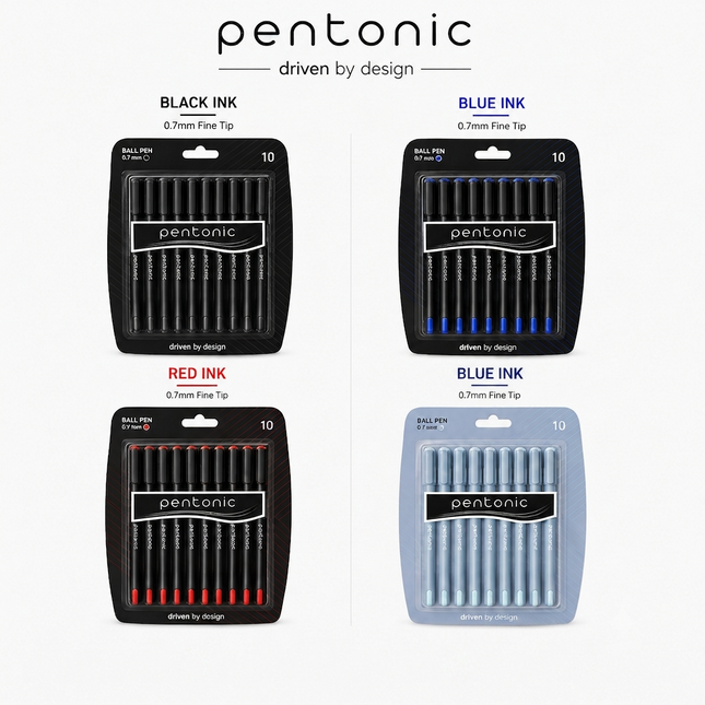 Pentonic Ballpoint & Frost Pens 0.7mm Fine Tip 10 Pens Black Blue Red Smooth Writing Quick Dry Ink Stationery Set for School Office Home Notes Exams Journaling Everyday Writing