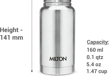 Milton Elfin 160, dvoustěnná vakuově izolovaná láhev, 160 ml | 5,4 oz | Termoska na teplou a studenou vodu, nerezová ocel 18/8, kompaktní láhev, odolné tělo, bez BPA, nepropustné jednoduché šroubovací víčko | Stříbrná