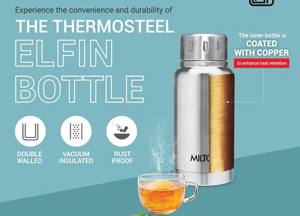 Milton Elfin 160, dvoustěnná vakuově izolovaná láhev, 160 ml | 5,4 oz | Termoska na teplou a studenou vodu, nerezová ocel 18/8, kompaktní láhev, odolné tělo, bez BPA, nepropustné jednoduché šroubovací víčko | Stříbrná