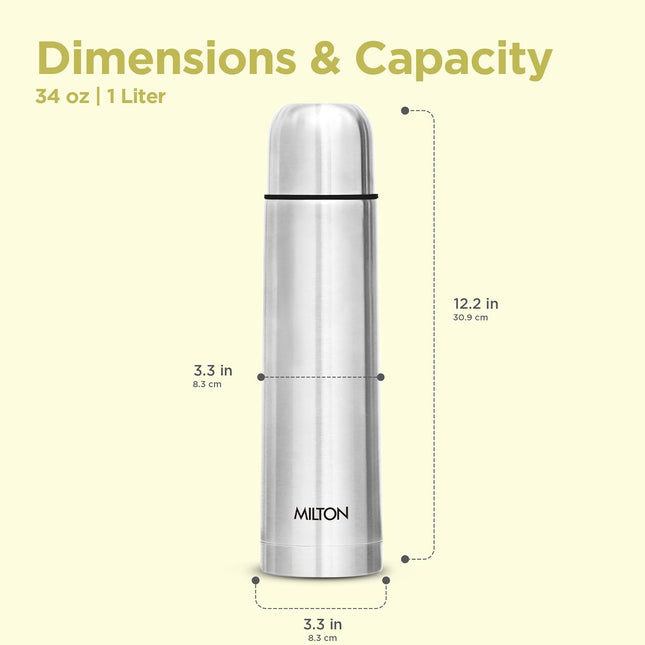 Milton Vacuum Flask for Hot Drink 1 Litre (34 oz), Stainless Steel Double Walled Insulated Water Bottle for 24 Hour Hot and Cold Drinks with Cover, Leak Proof, BPA Free, Thermosteel Flip Lid 1000 ml