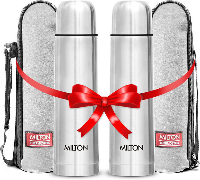 Milton Vacuum Flask for Hot Drink 1 Litre (34 oz), Stainless Steel Double Walled Insulated Water Bottle for 24 Hour Hot and Cold Drinks with Cover, Leak Proof, Thermosteel Flip Lid 1000 ml Set of -2