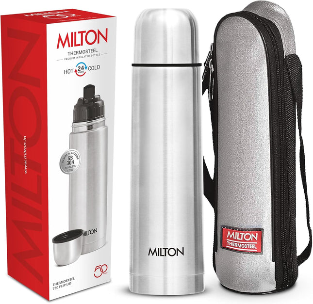 Milton Flip Lid 750, Double Walled Vacuum Insulated 750 ml | 25 oz | 24 Hours Hot and Cold Water Bottle with Cover, Stainless Steel, BPA Free, Food Grade, Leak Proof | Silver