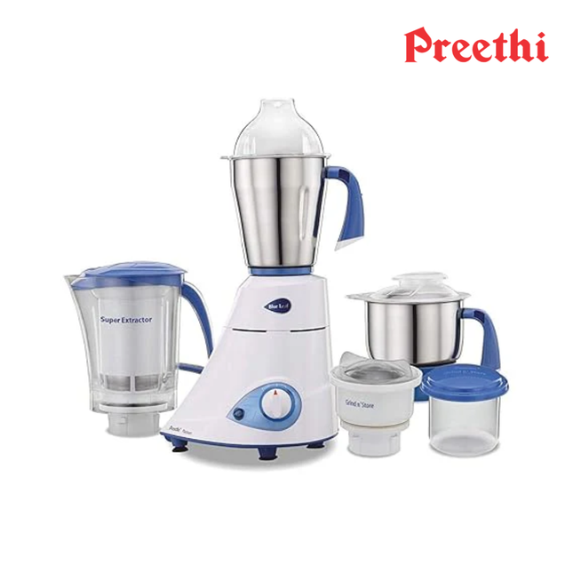 Preethi Blue Leaf Platinum MG 139 750W Indian Mixer Grinder â€“ 4 Jars with Super Extractor & Airâ€‘Tight Storage, Heavyâ€‘Duty FBT Motor for Dry & Wet Grinding, White, Indian Plug + International Converter