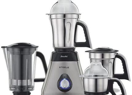 Preethi Steel Supreme MG 208 750W Indian Mixer Grinder - 4 Jars + Super Extractor, Powerful Motor for Dry & Wet Grinding, Black/Silver, Indian Plug + International Converter