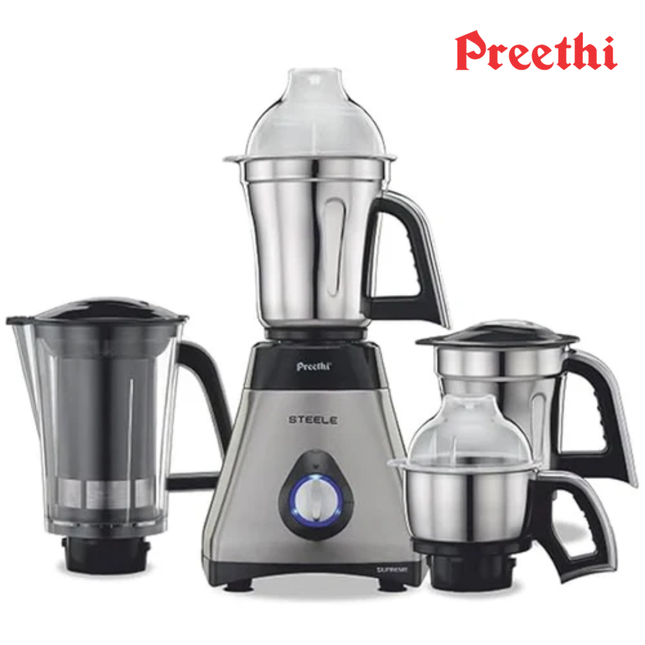Preethi Steel Supreme MGâ€‘208 750W Indian Mixer Grinder â€“ 4 Jars + Super Extractor, Powerful Motor for Dry & Wet Grinding, Black/Silver, Indian Plug + International Converter