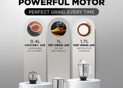 Preethi Popular MG 142 750W Indian Mixer Grinder - 3 Stainless Steel Jars, Fine Grinding Performance, Shock-Proof ABS Body, White, Indian Plug + International Converter