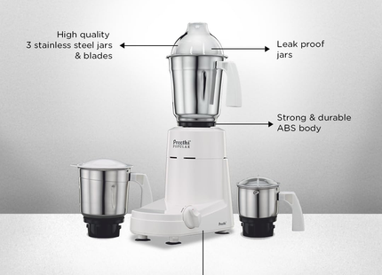 Preethi Popular MG 142 750W Indian Mixer Grinder - 3 Stainless Steel Jars, Fine Grinding Performance, Shock-Proof ABS Body, White, Indian Plug + International Converter