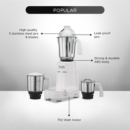 Preethi Popular MG142 750W Indian Mixer Grinder 3 Stainless Steel Jars Wet Dry Grinding Chutney Making Kitchen Appliance White