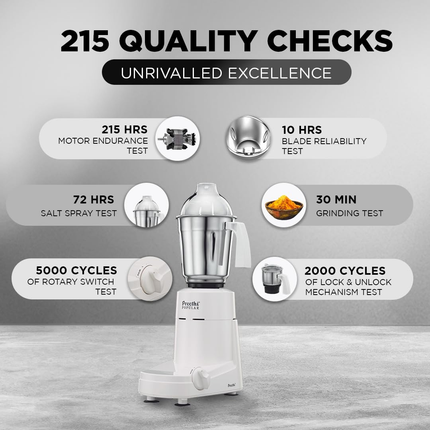 Preethi Popular MG142 750W Indian Mixer Grinder 3 Stainless Steel Jars Wet Dry Grinding Chutney Making Kitchen Appliance White