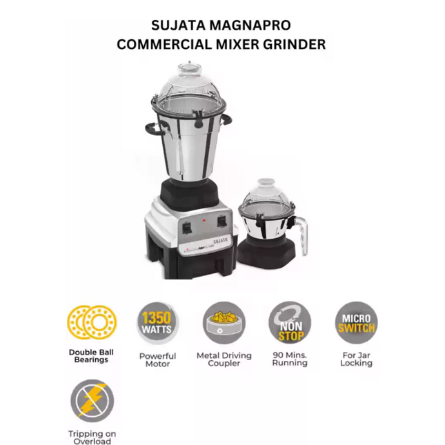 Sujata Magnapro ILG 1350W Mixer Grinder – Heavy‑Duty Motor, 2 Stainless Steel Jars, Juice Extractor, 23,000 RPM High‑Speed Performance, Indian 15 AMP Plug (Converter Needed)